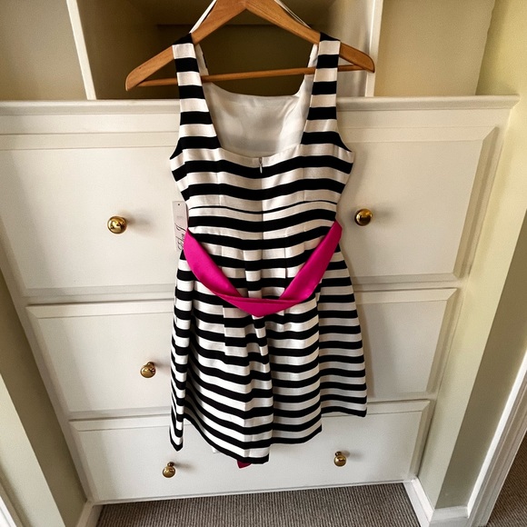 Eliza J party dress .  Navy and cream with pink belt . - Picture 2 of 2